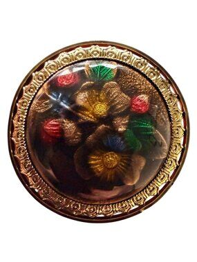 Vintage Reverse Carved‎ Lucite Brooch Gold Tone Floral Pin 1950s New Old Stock